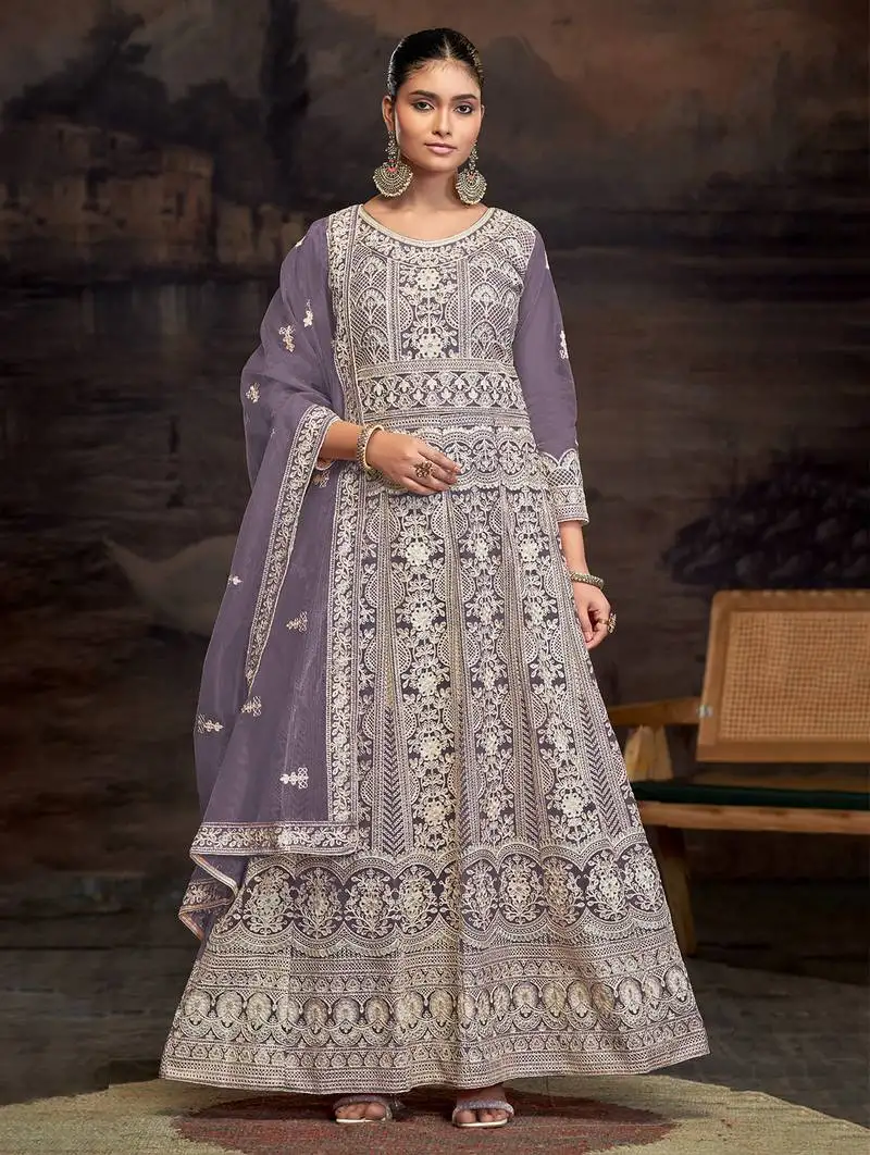 Lavender embroidered lavender anarkali suits semi stitched