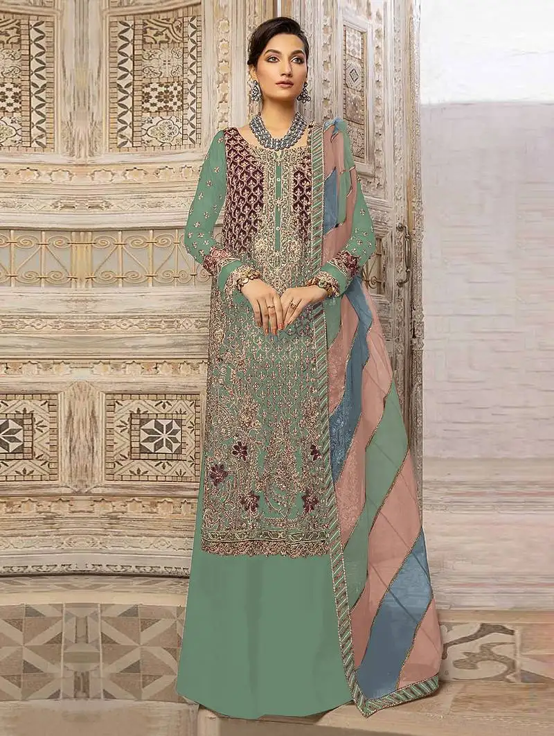 Pista green embroidery sequence work fox georgette salwar kameez semi stitched