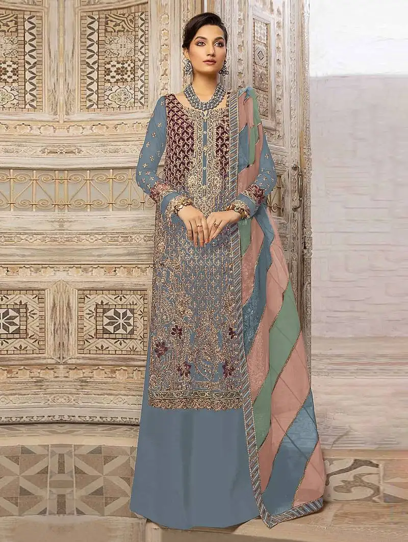 Grey embroidery sequence work fox georgette salwar kameez semi stitched