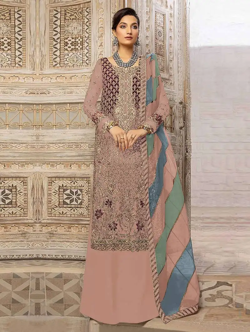 Peach embroidery sequence work fox georgette salwar kameez semi stitched