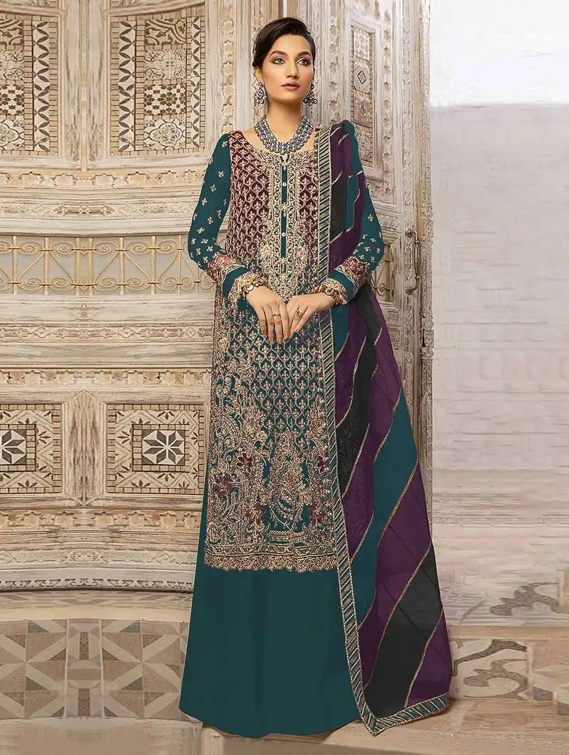 Dark slate grey embroidery sequence work fox georgette salwar kameez semi stitched