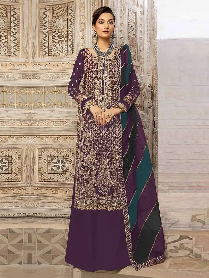 Wine embroidery sequence work fox georgette salwar kameez semi stitched