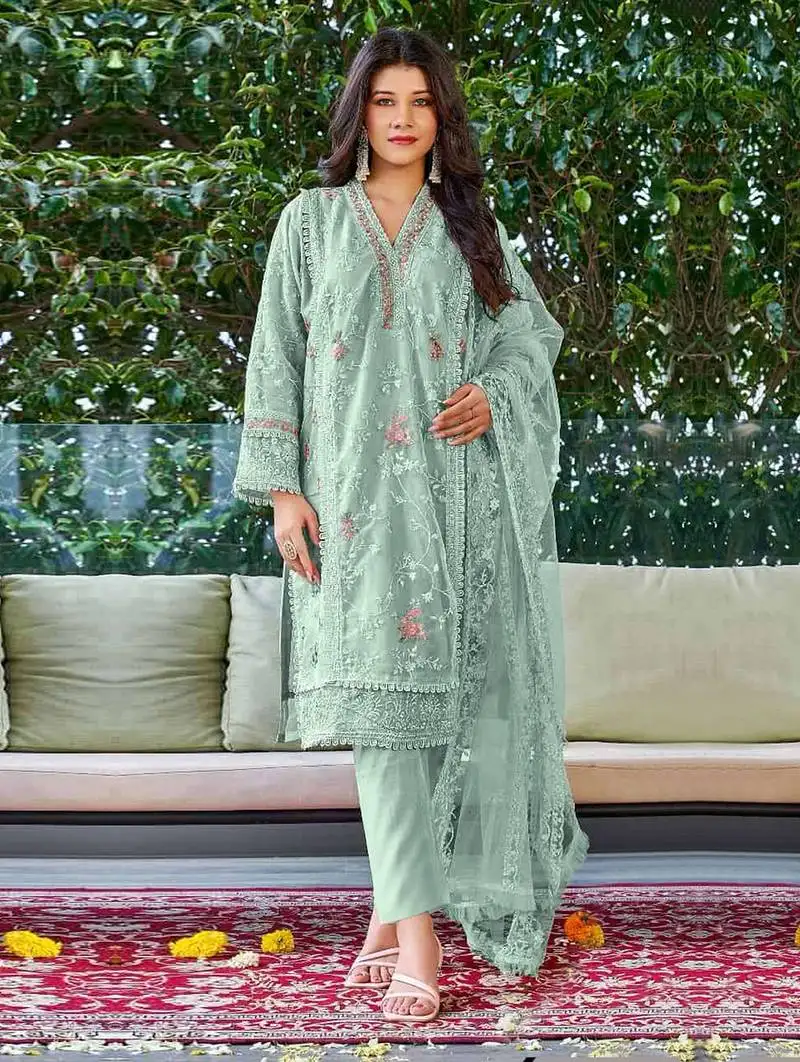 Light green embroidered organza salwar kameez semi stitched
