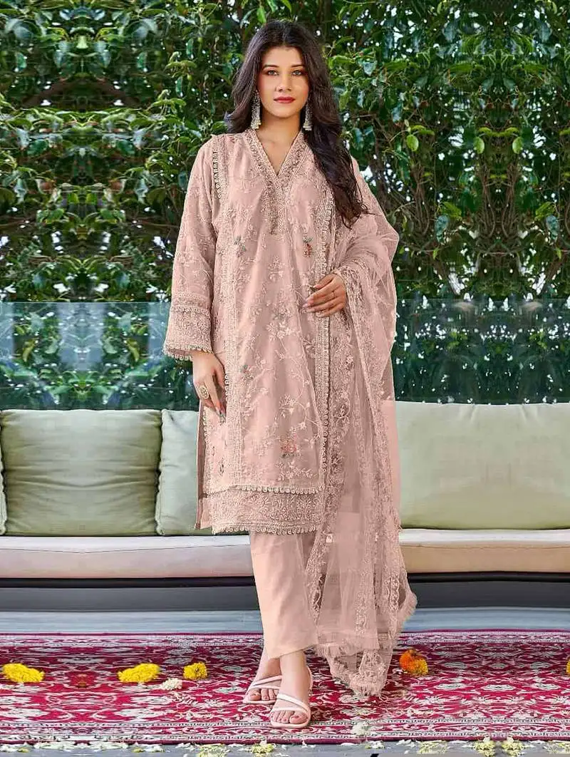 Purple embroidered organza salwar kameez semi stitched