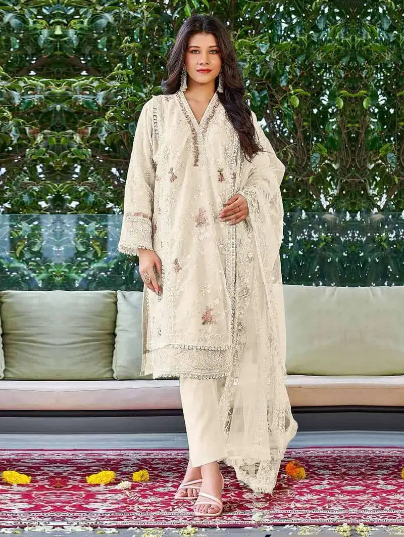 White embroidered organza salwar kameez semi stitched