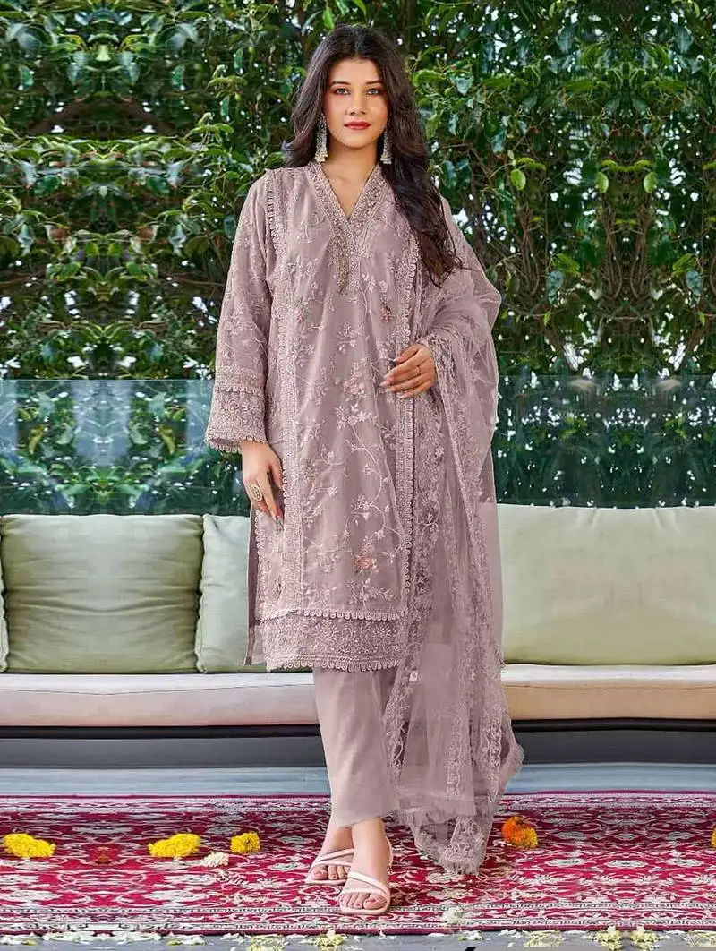 Peach embroidered organza salwar kameez semi stitched