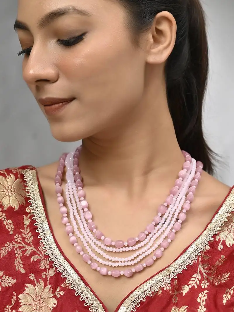 Triple-strand pink beaded necklace
