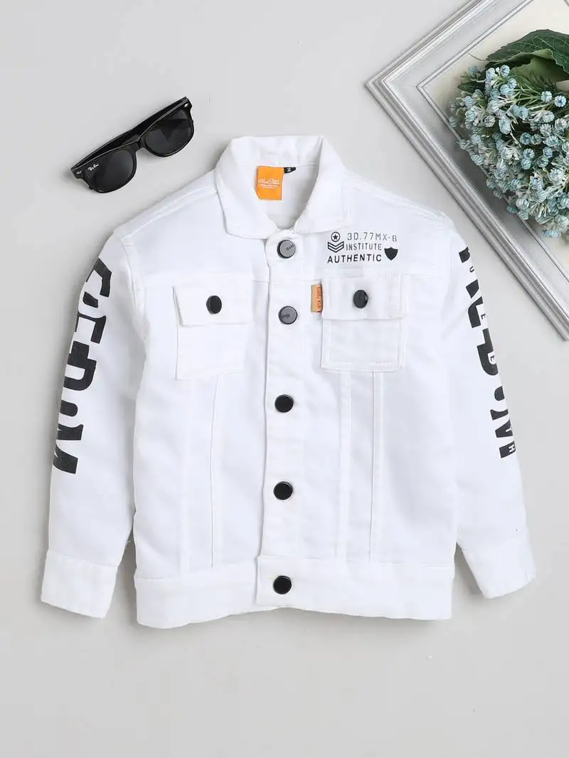 White printed denim front pocket jacket