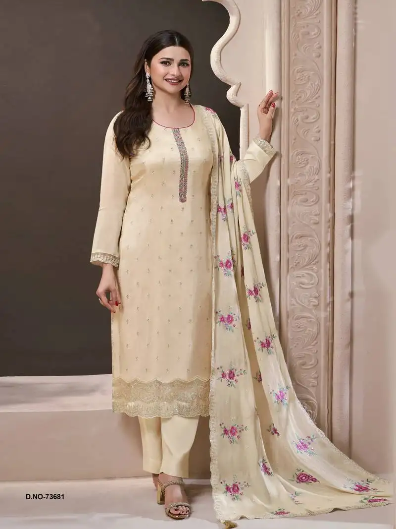 Cream silk semi stitched wedding suits