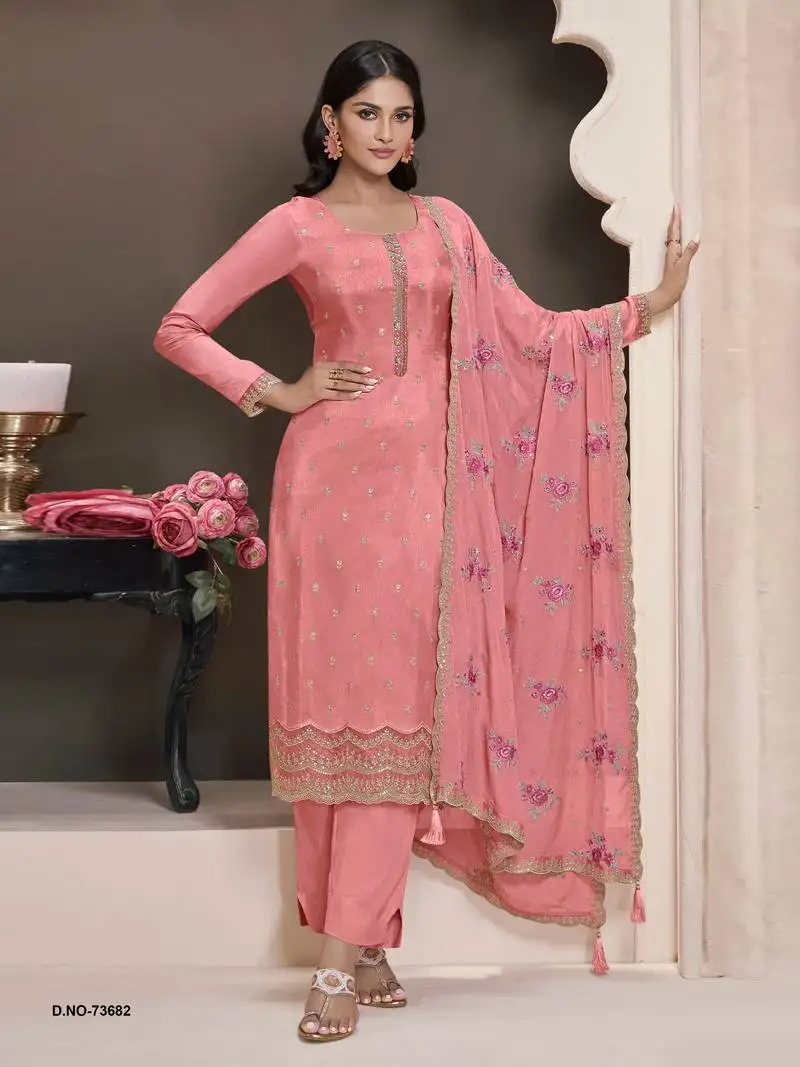 Light pink silk semi stitched wedding suits