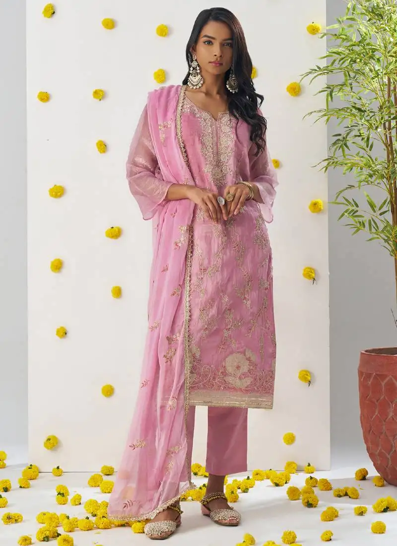 Baby pink organza embroidered salwar suuit stitched