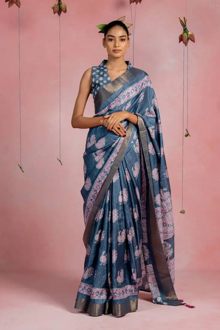 Dusty blue cotton blend animal print golden zari border saree with unstitched blouse piece