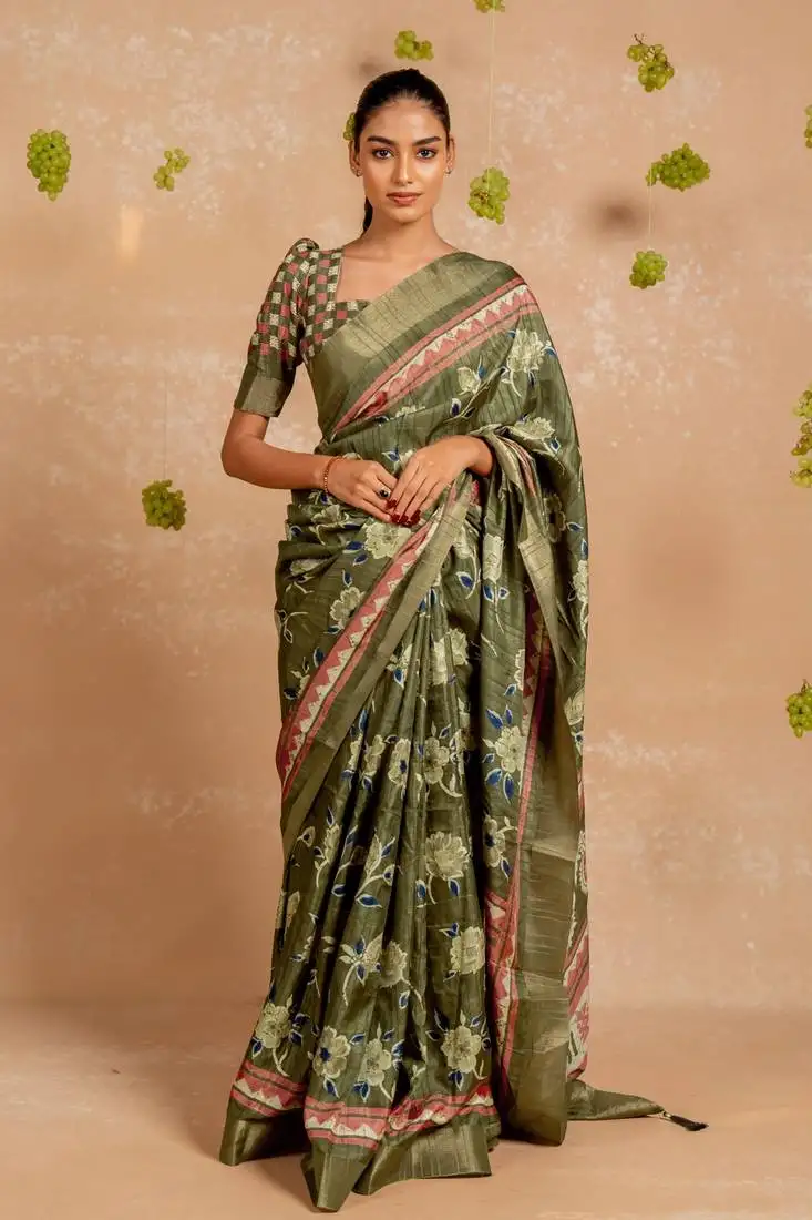 Mehandi green cotton blend floral print aztec print golden zari border saree with unstitched blouse piece
