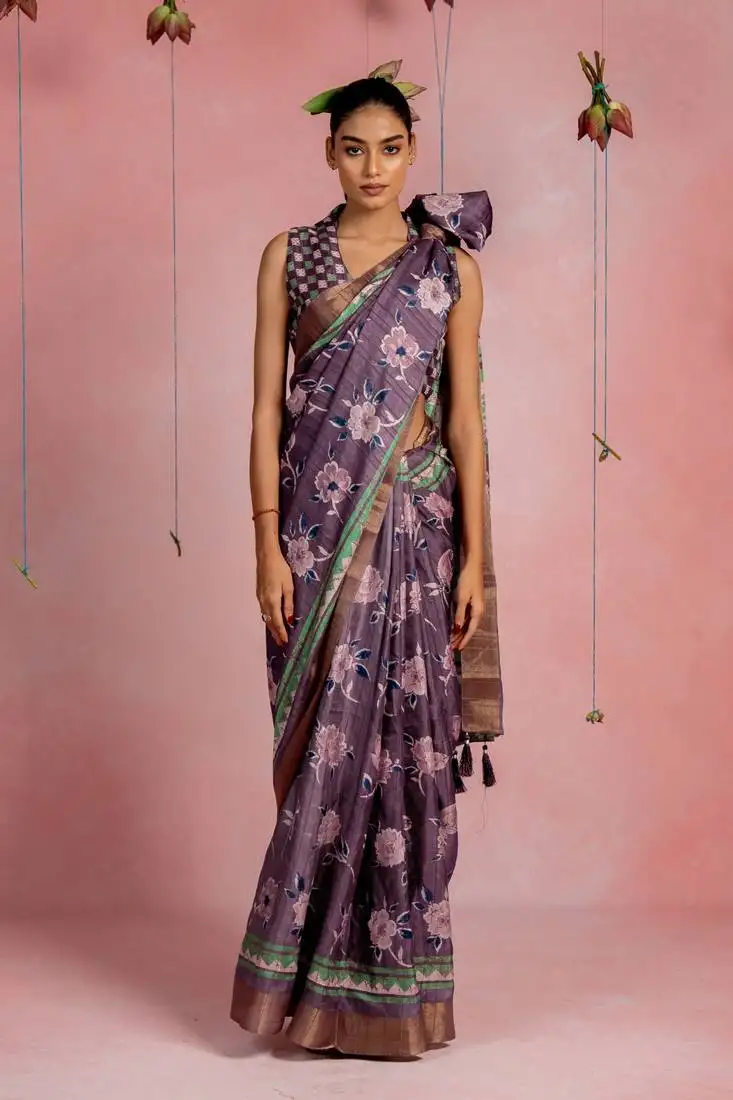 Dark dusty purple cotton blend floral printaztec print golden zari border saree with unstitched blouse piece