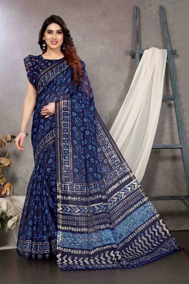 Dark blue ready to wear cotton blend batik block printed saree with unstiched blouse piece