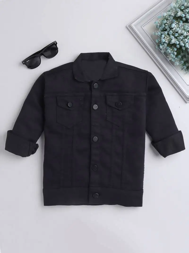 Black solid denim front pocket jacket