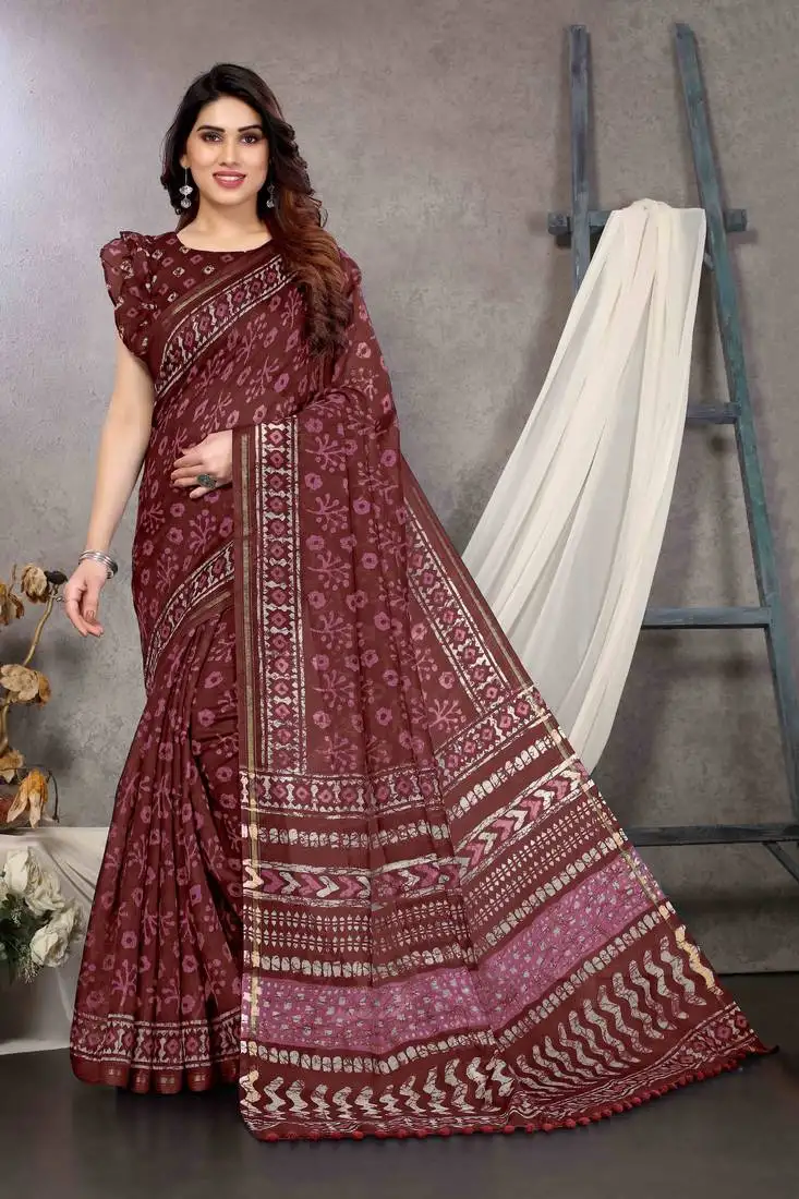 Maroon ready to wear cotton blend batik block printed saree with unstiched blouse piece.