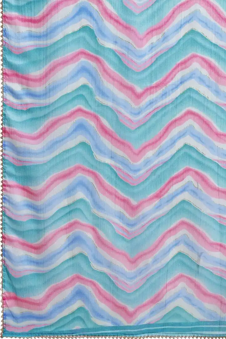 Sky blue ready to wear chiffon foil work leheriya printed saree with unstiched blouse piece