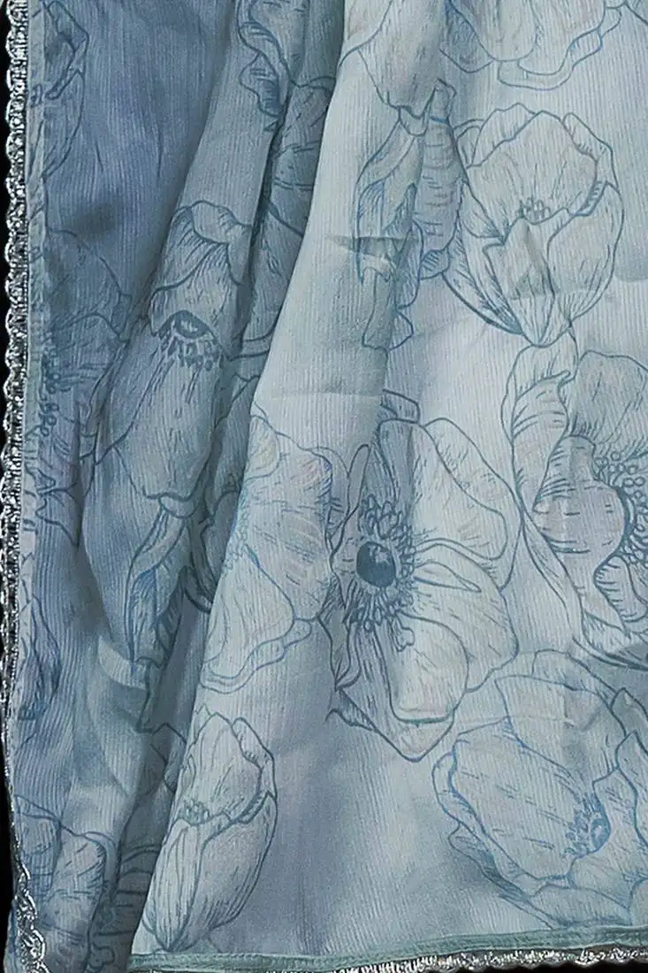 Light dusty blue ready to wear chiffon foil work floral printed saree with unstiched blouse piece