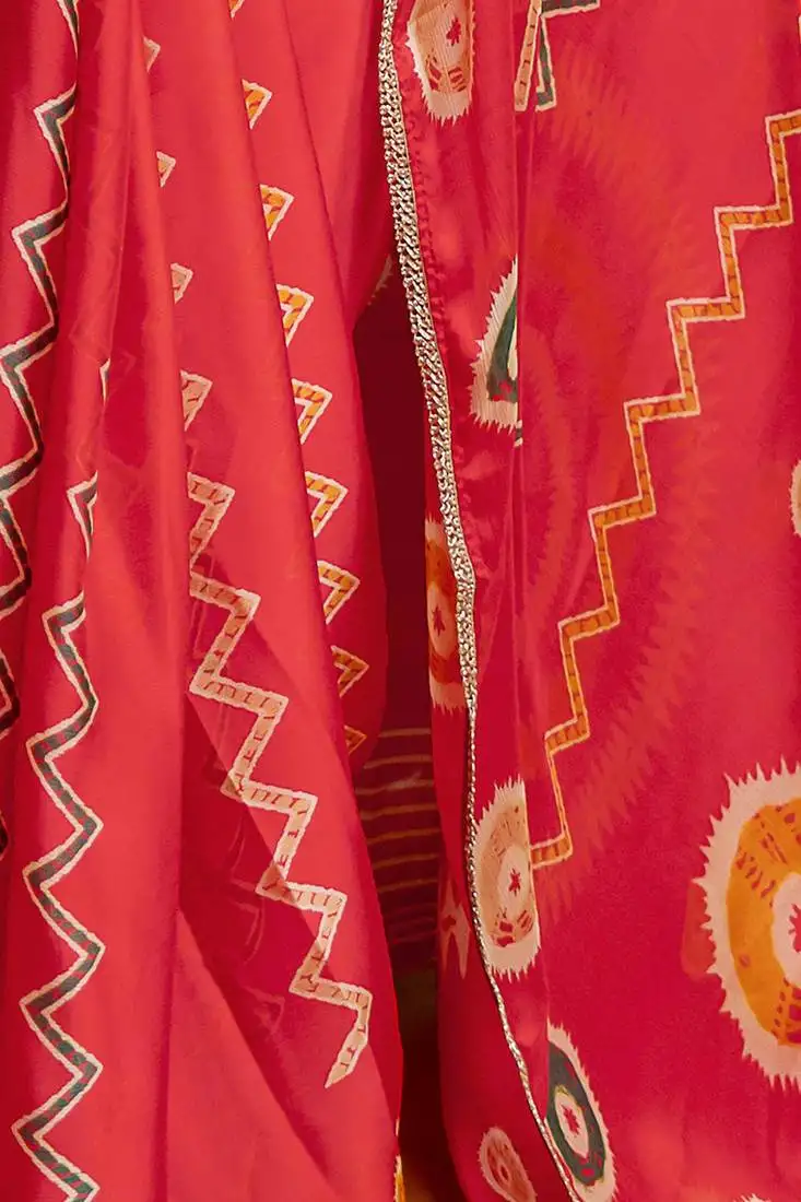 Red ready to wear chiffon chevron printed saree with untiched blouse piece