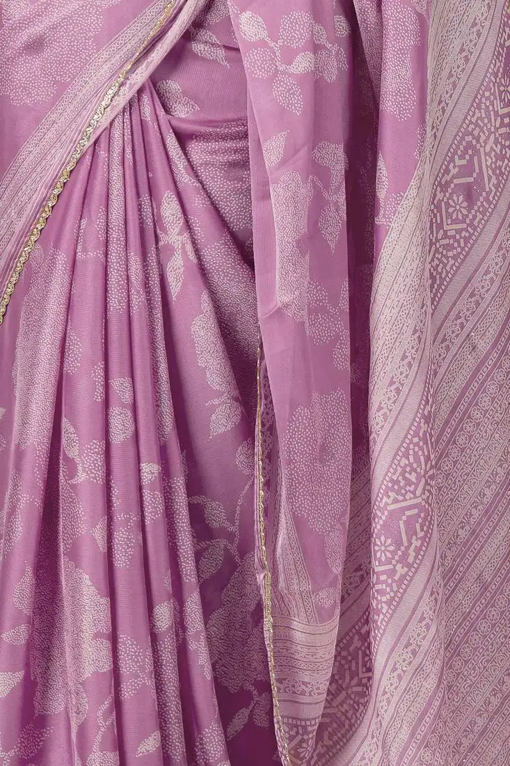 Dusty lavender ready to wear chiffon foil work floral printed saree with unstiched blouse piece