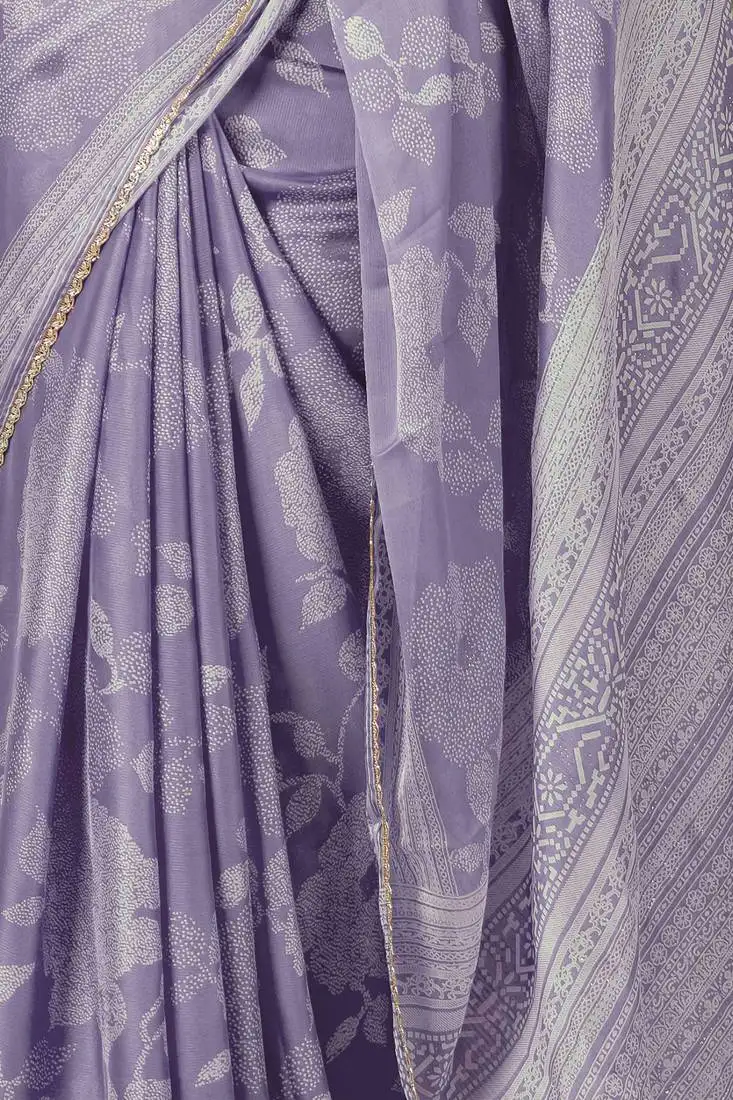 Light purple ready to wear chiffon foil work floral printed saree with unstiched blouse piece