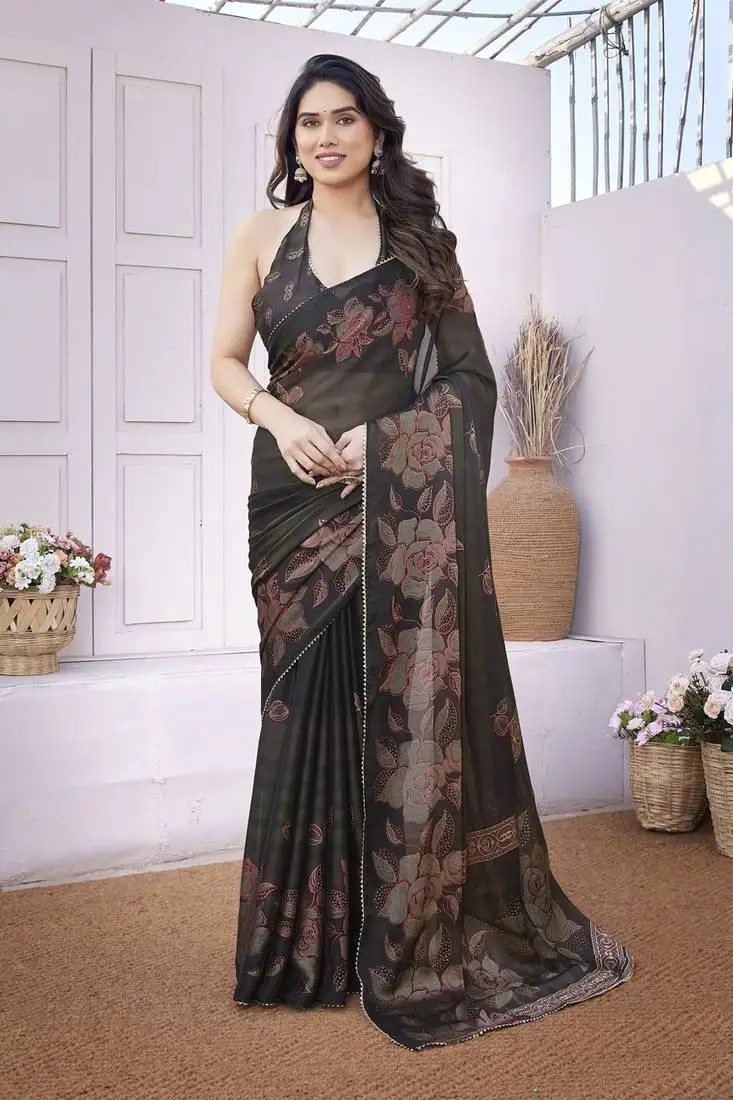 Black chiffon foil foral print gota patti lace border saree with unstitched blouse piece