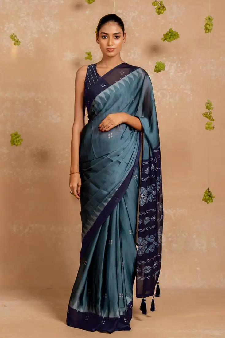 Dark dusty blue chiffon floralbadhani print saree with unstitched blouse piece