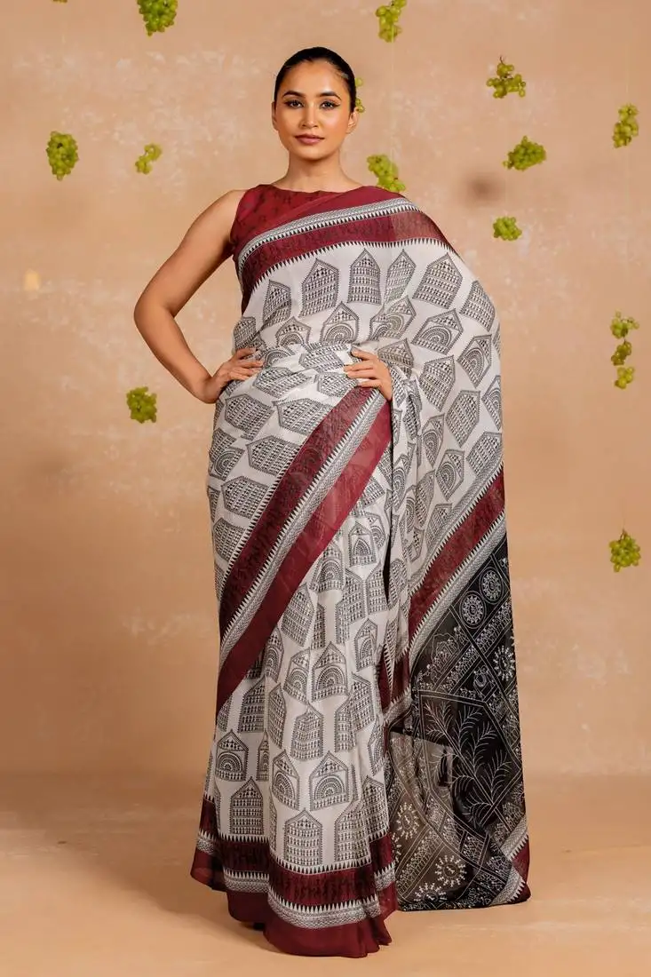 White chiffon abstract warli print saree with unstitched blouse piece