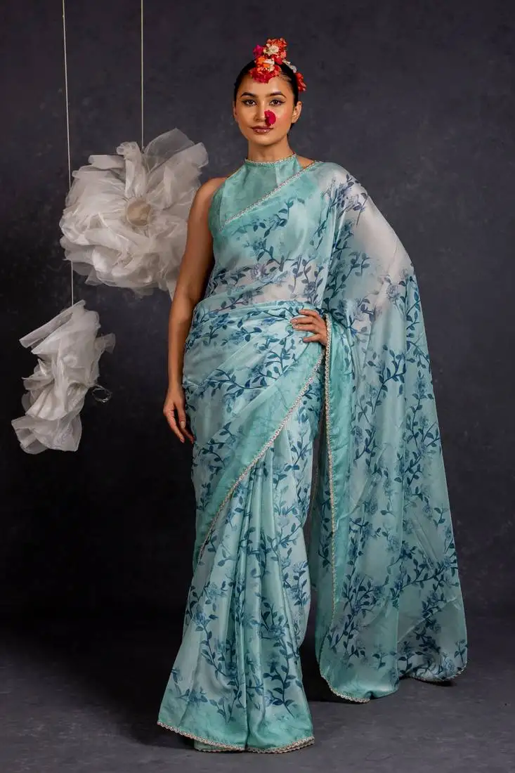 Dusty blue chiffon floral print lace border saree with unstitched blouse piece
