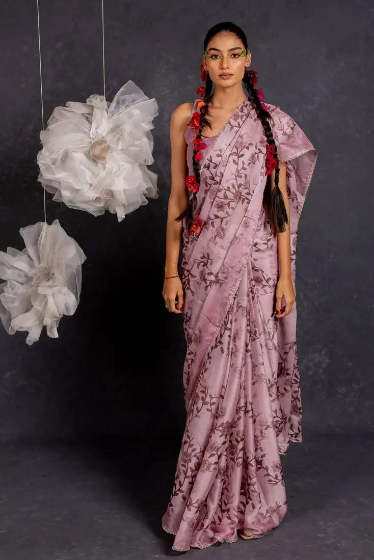 Dusty mauve chiffon floral print lace border saree with unstitched blouse piece