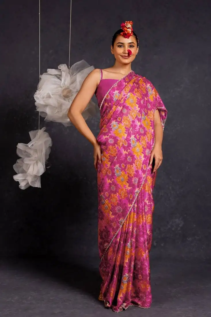 Dark pink chiffon floral print lace border saree with unstitched blouse piece