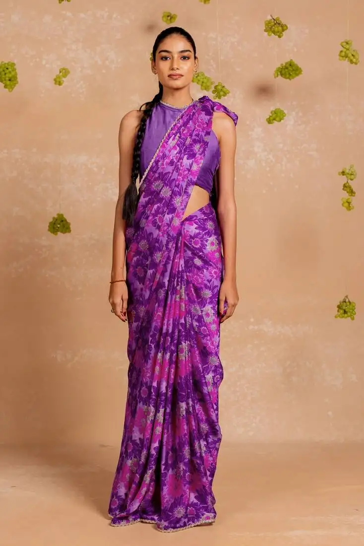 Purple chiffon floral print lace border saree with unstitched blouse piece
