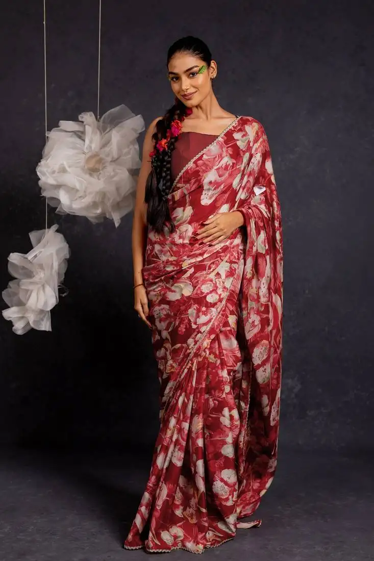 Maroon chiffon floral print lace border saree with unstitched blouse piece