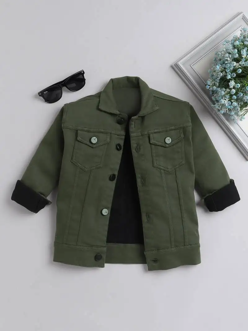 Olive green solid denim front pocket jacket