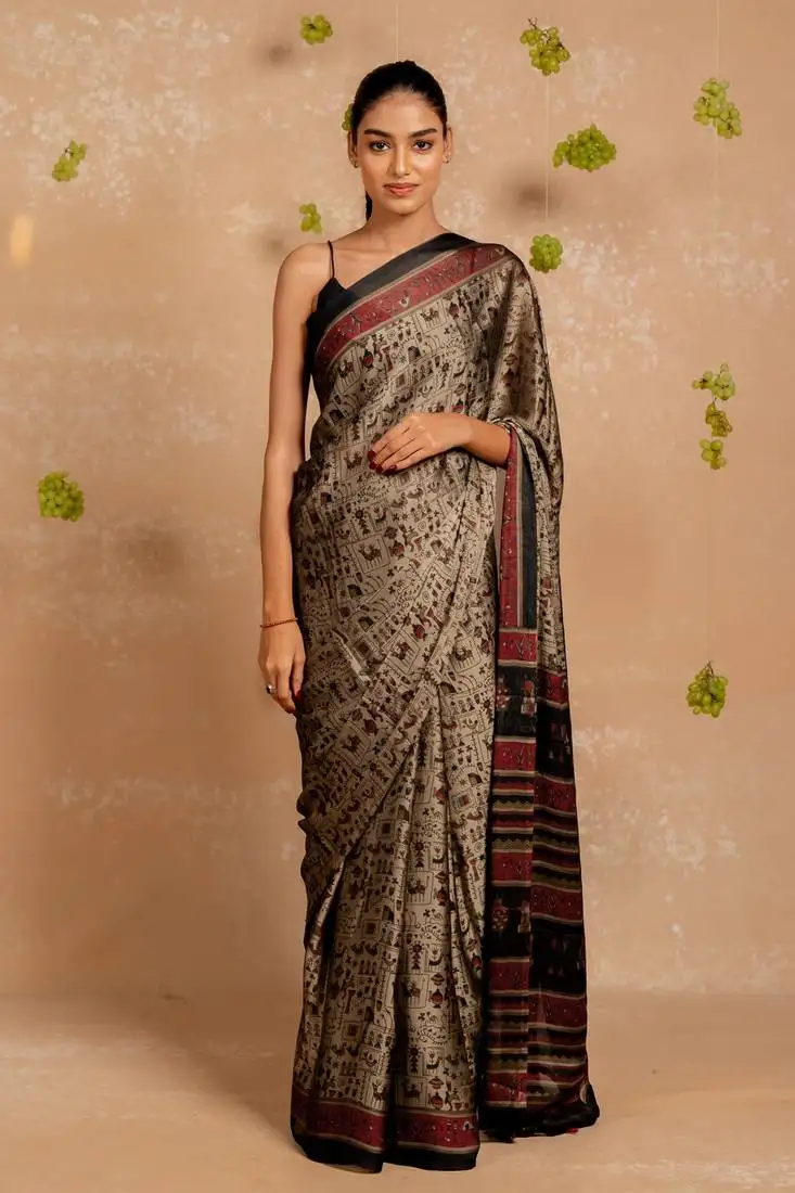 Dark dusty biege chiffon warli print saree with unstitched blouse piece