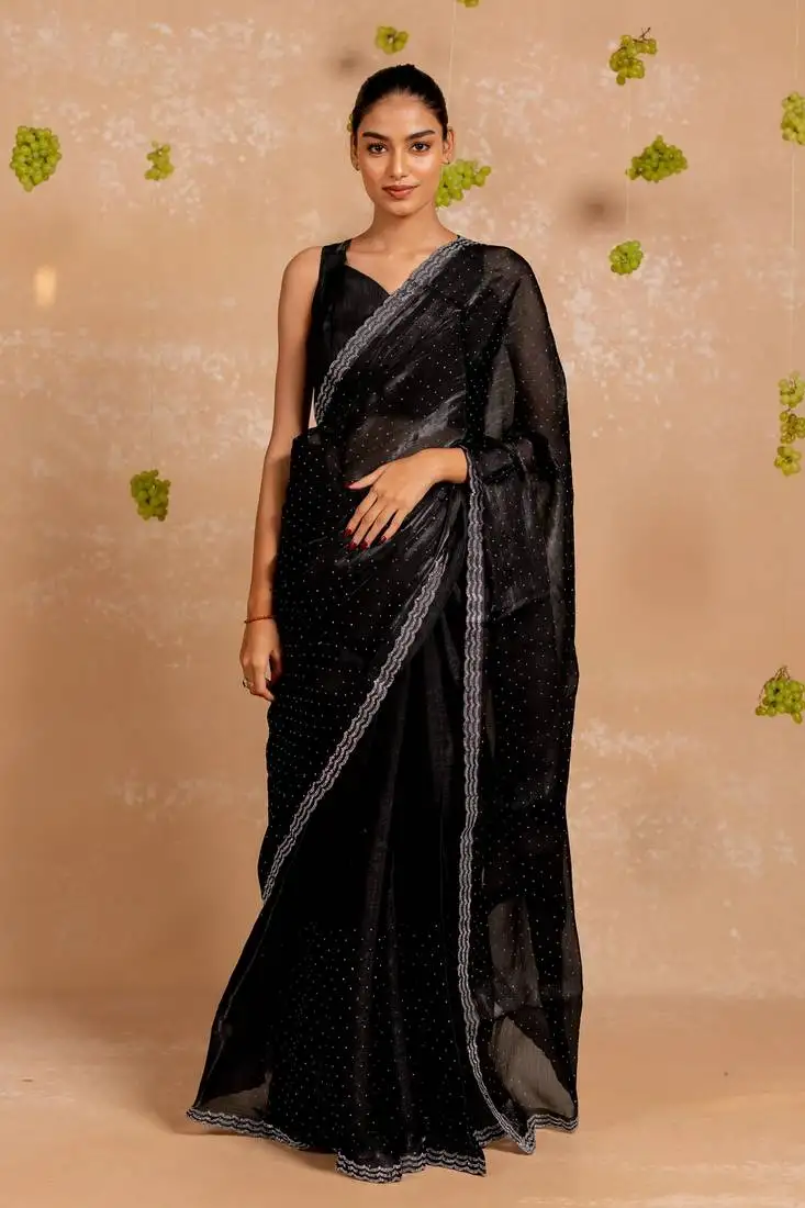 Black jimmy choo plain stone work stone border saree with unstitched blouse piece