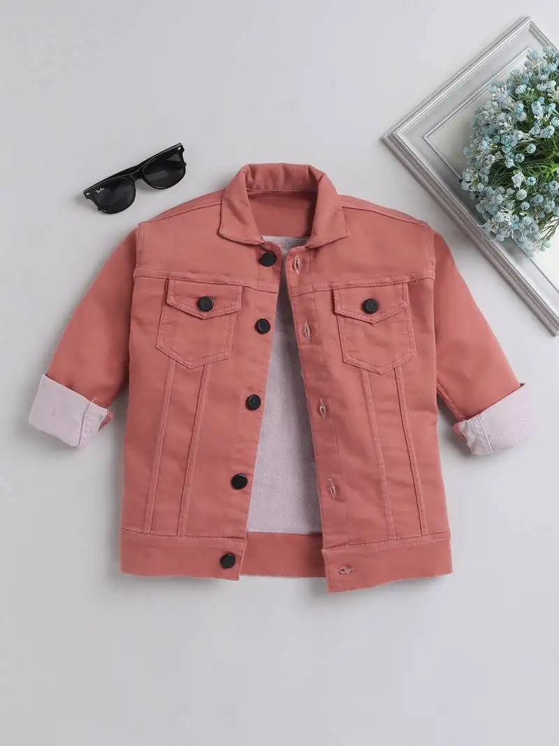 Peach solid denim front pocket jacket