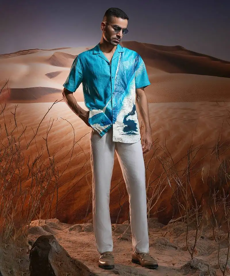 Aqua mirage hand-painted linen shirt