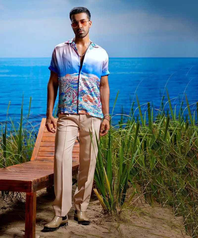 Aqua inferno habutai silk shirt