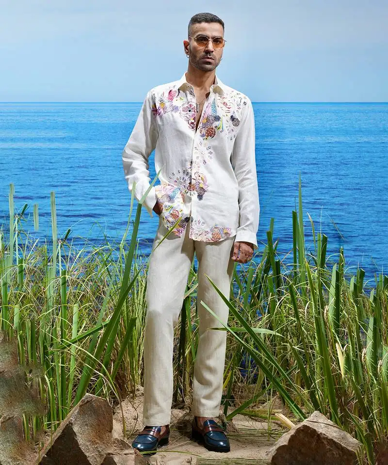 Floral odyssey embroidered linen shirt