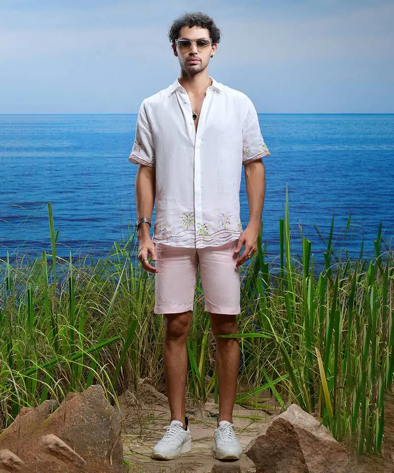 Palm oasis embroidered linen shirt