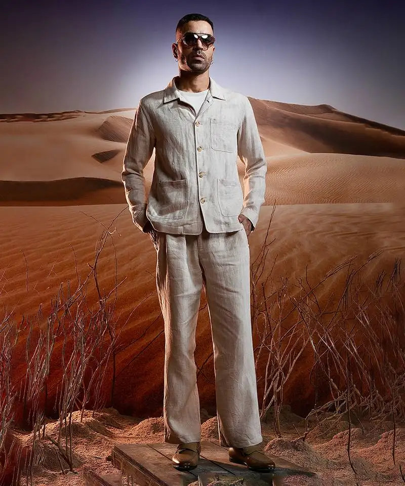 Beige herringbone linen coord set