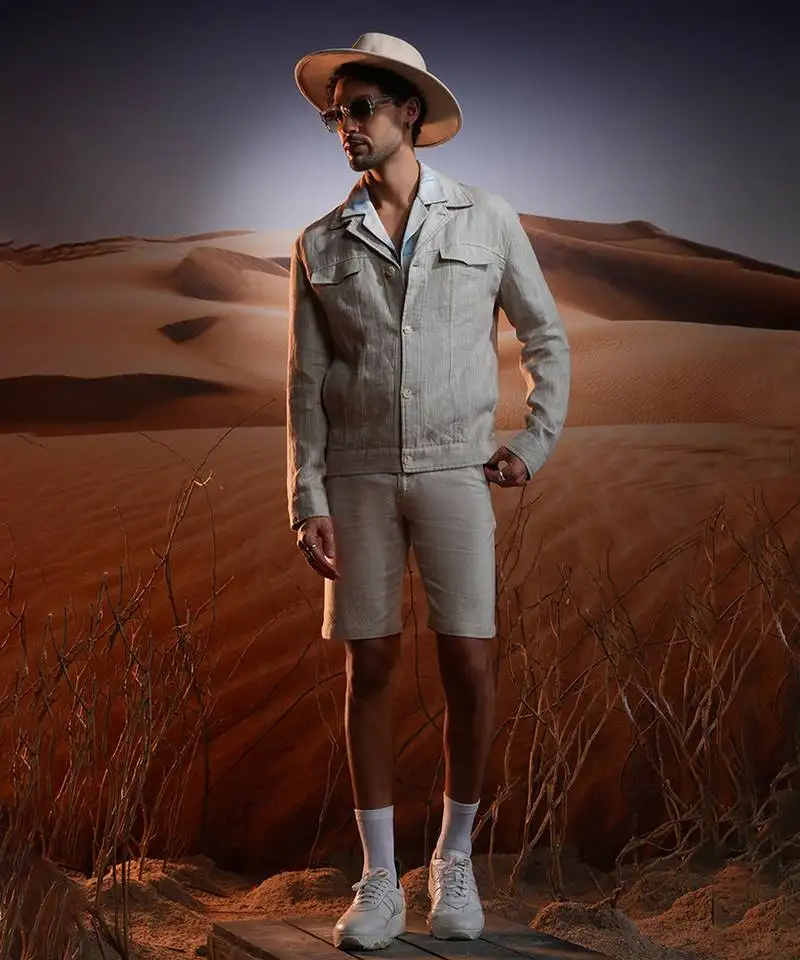 Natural chalk stripe linen cuban collar jacket