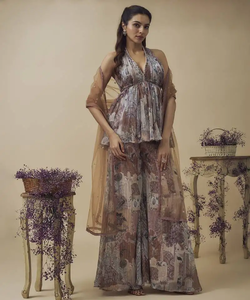 Printed lurex chiffon embroidery detailed gathered top with a-line palazzo and embroidered net dupatta