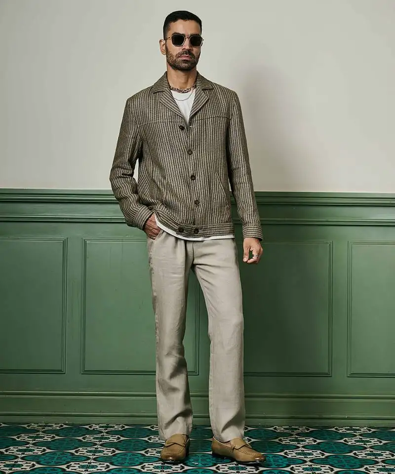 Brown houndstooth linen cuban collar jacket