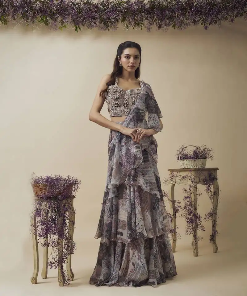 Printed lurex chiffon ruffle ready to wear saree along with hand embroidered corset