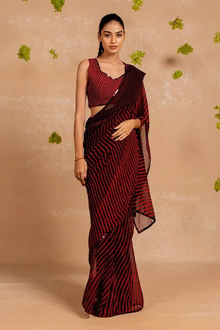 Red georgette stripe print sequence lace saree with unstitched blouse piece
