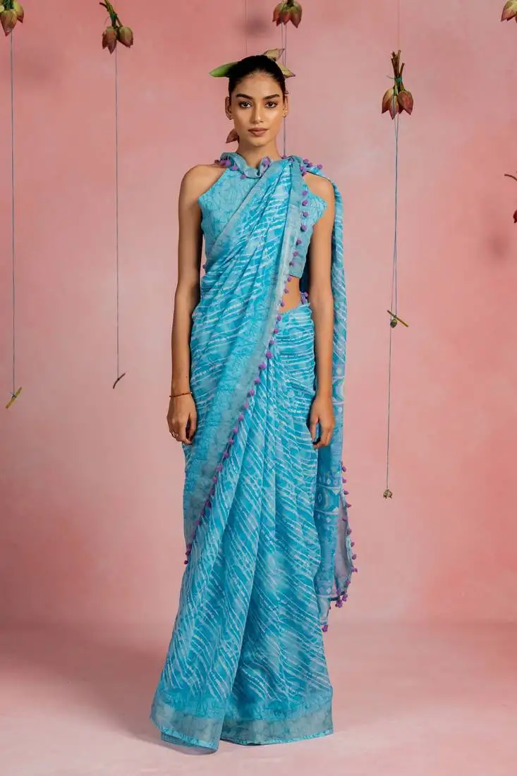 Turquoise blue cotton blend stripe geometric print lace border saree with unstitched blouse piece