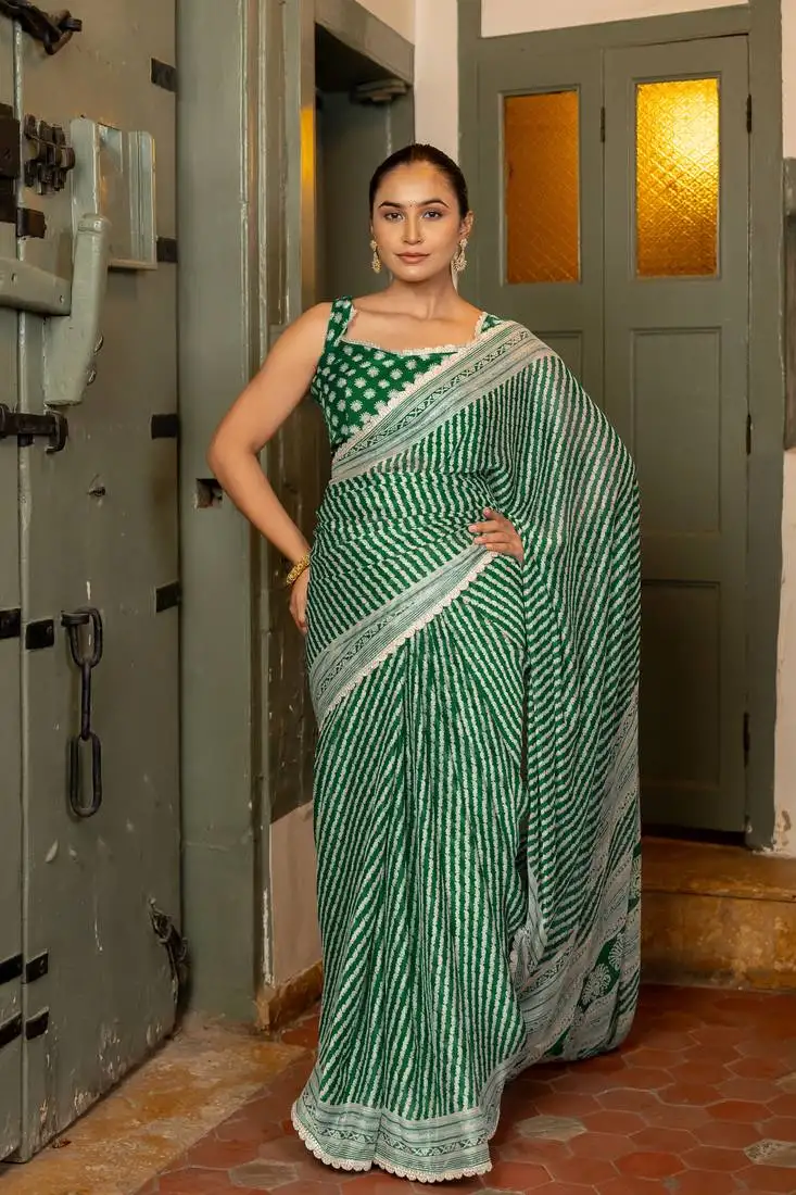 Dark green chiffon stripes leheriya print zari work lace border saree with unstiched blouse piece
